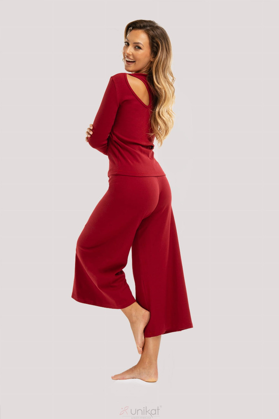 Bordové zenové pyžamo - elegantné bavlnené pyžamo s dlhými rukávmi, nohavice v dĺžke 7/8