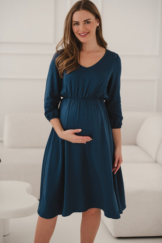 Krásne šaty Midi tehotenské a dojčiace šaty Milk&Love- tmavomodré, 100% viskóza, 3/4 rukáv | Style & Comfort