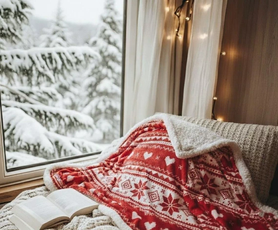 Vianočná deka SACO červená - mäkká a teplá s nórskym vzorom snehových vločiek v ozdobnom vrecku