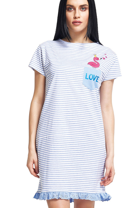 Oxksana Modrá nočná košeľa - 100% bavlna, pruhy a volániky