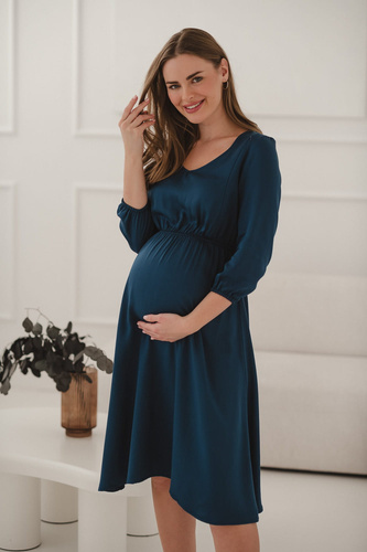 Krásne šaty Midi tehotenské a dojčiace šaty Milk&Love- tmavomodré, 100% viskóza, 3/4 rukáv | Style & Comfort