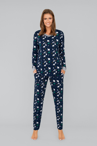 Ava Dámske pyžamo s dlhými rukávmi a nohavicami Italian Fashion - tmavomodrá potlač