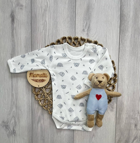 BD16426 Mamatti body pre bábätká Medvedík dlhý rukáv bavlnené biele