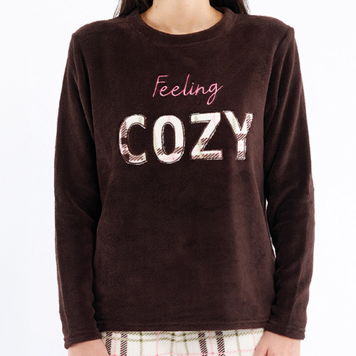 Liliana Sorbetto hnedé pyžamo - teplý károvaný fleece s výšivkou