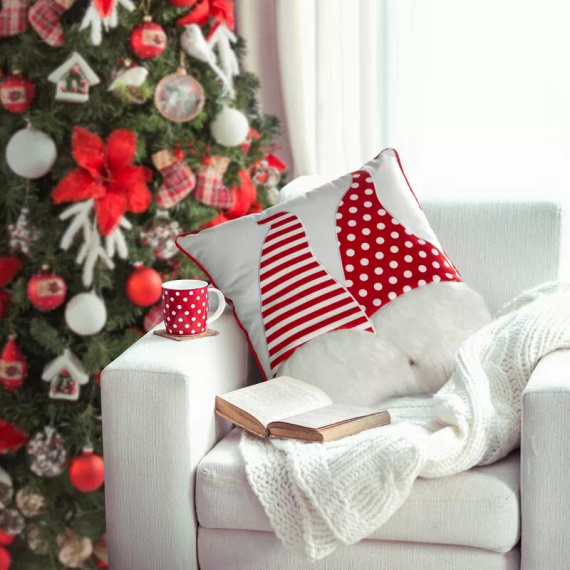 Chp 152 Eurofirany Vianočná obliečka na vankúš - biela s červenými škriatkami, dekoratívna