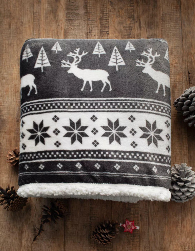 Vianočná deka SACO popol - mäkká a teplá so sobmi a vianočnými stromčekmi v ozdobnom vrecku