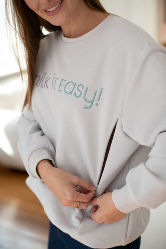 Milk It Easy! Tehotenská a dojčiaca mikina Milk&Love svetlosivá – oversize, skryté zipsy, bavlnená