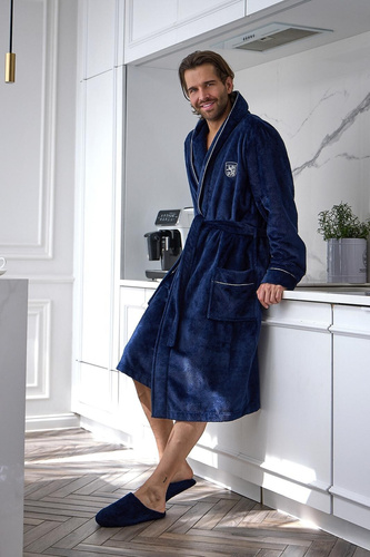 L&L 2661 Elegant Pánsky župan Klasický šálový golier Mäkký tmavomodrý