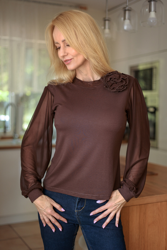 Mirale Freya dámska blúzka z viskózy s tylovými rukávmi a stojatým golierom, elegantná - hnedá