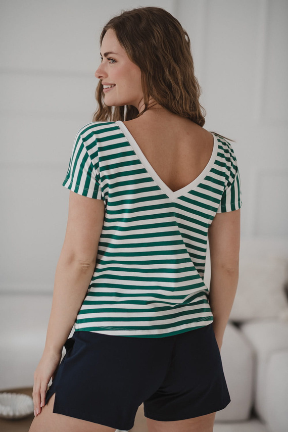 Blúzka pre tehotné a dojčiace ženy na dva spôsoby | Pohodlná blúzka s krátkym rukávom Milk&Love so zelenými a bielymi pruhmi