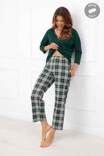 Dámska pyžama Italian Fashion Arwena bavlnená, rukáv 3/4, nohavice 7/8, károvaná - zelená