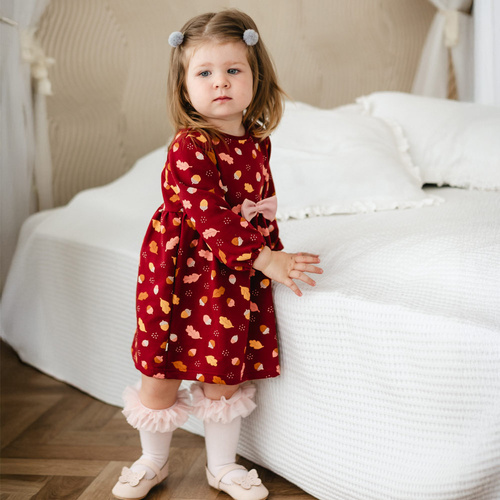 Fluffy Tails Detské šaty Eevi - bordová, bavlna, dlhý rukáv