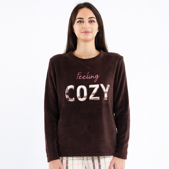 Liliana Sorbetto hnedé pyžamo - teplý károvaný fleece s výšivkou