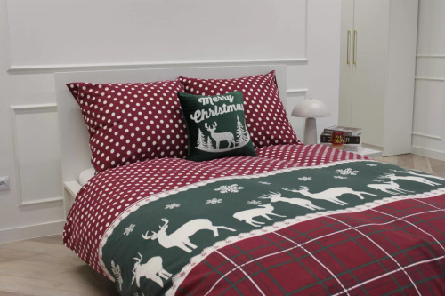 Xmass Vianočné bavlnené posteľné prádlo Spod Igły i Nitki - soby károvaná červená hrášková zelená, sada so zipsom, 100% bavlna