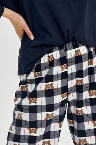 3441 Astrid dámske bavlnené pyžamo Taro námornícka modrá - dlhý rukáv, kockované flanelové nohavice