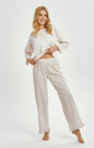 3438 Vera Taro dámske bavlnené pyžamo béžové - dlhý rukáv, károvaná nohavica s volánom