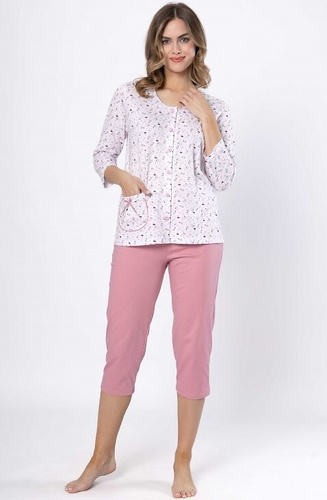 Dámske pyžamo Dobrusia 1636 - ružové bavlnené, 3/4 rukáv, zapínanie na gombíky