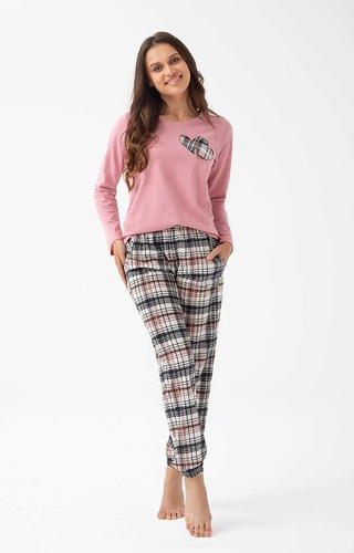 322 Luna pink - dámske bavlnené pyžamo, srdiečka, dlhý rukáv, károvaná nohavica