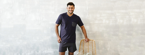 Diaz Pánske pyžamo s krátkym rukávom, šortky Italian Fashion - námornícka modrá/potlač