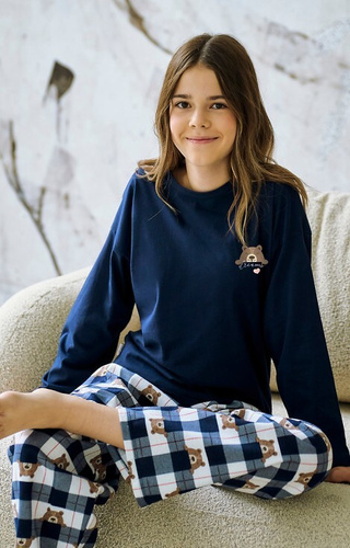 3503 Astrid Taro dievčenské pyžamo námornícka modrá - bavlna, potlač, károvaná nohavica