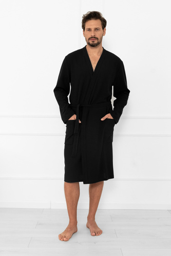 Pánsky župan Bono Italian Fashion black - s opaskom, reliéfny vzor, elegantný a pohodlný