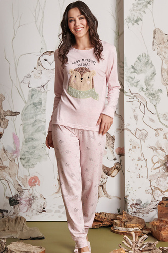 Antea Dámske ružové pyžamo Sorbetto - dlhé, ružové, s 3D aplikáciou, džersej, bavlna
