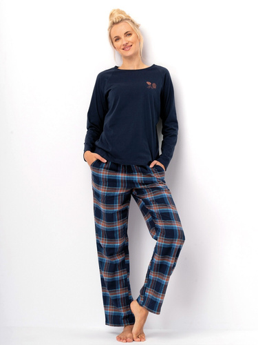 Dámske pyžamo LNS 432 Key navy blue - bavlna, dlhý rukáv, flanelové nohavice
