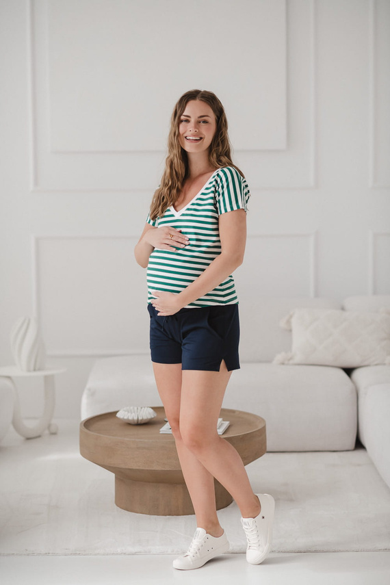Blúzka pre tehotné a dojčiace ženy na dva spôsoby | Pohodlná blúzka s krátkym rukávom Milk&Love so zelenými a bielymi pruhmi