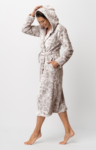 LGL 545 Kľúčový dámsky župan ecru-mocca - mäkký, s kapucňou, viazaný v páse