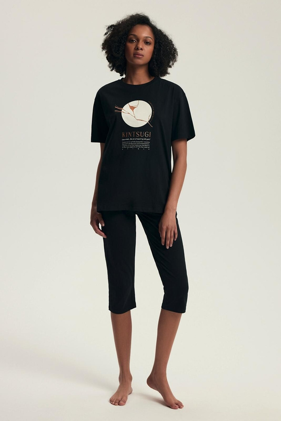 Dámske pyžamo 43728 Dairoku čierne - bavlna, krátky rukáv, rybárske nohavice