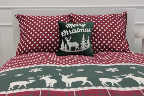 Xmass Vianočné bavlnené posteľné prádlo Spod Igły i Nitki - soby károvaná červená hrášková zelená, sada so zipsom, 100% bavlna