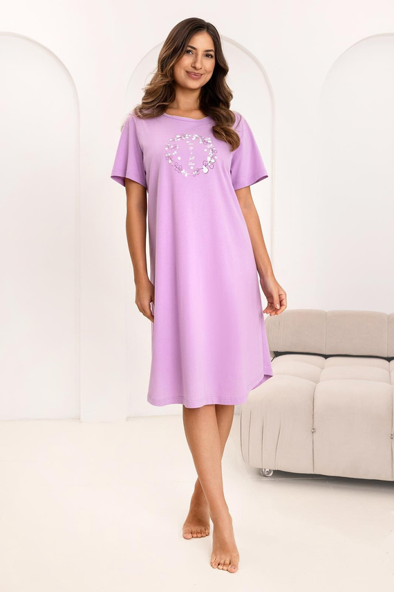 Regina 176 nočná košeľa, bavlna, krátky rukáv, polokruhový výstrih, potlač - fialová