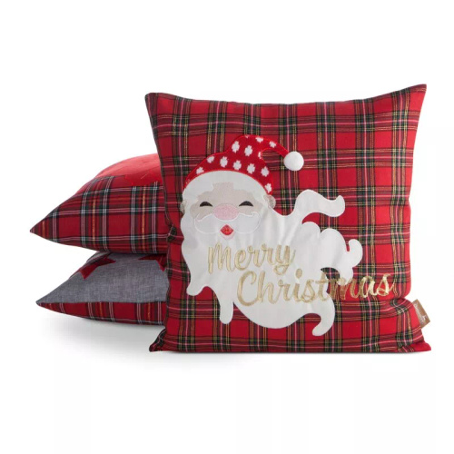 Chp 165 Eurofirany Vianočná obliečka na vankúš - červená károvaná so Santa Clausom a nápisom
