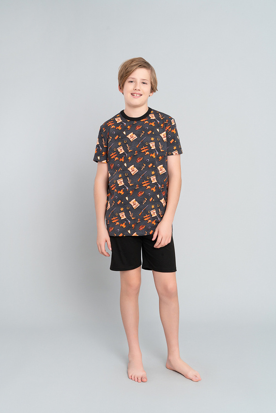 Westernové chlapčenské pyžamo s krátkym rukávom, nohavice Italian Fashion- graphite/black