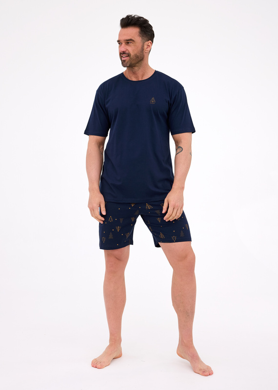 326/297 Night Cornette pánske pyžamo - vianočné, bavlnené, tmavomodré nohavice s vianočnými stromčekmi