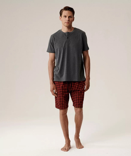 Pánske pyžamo NMP-397 - sivo-červené bavlnené, s krátkym rukávom, ľahké a pohodlné na leto