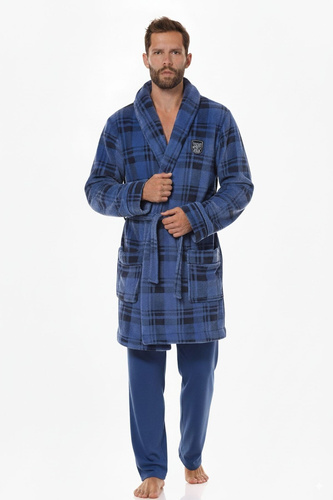 2456 BJ Pánsky župan L&L navy- mäkký, károvaný s golierom