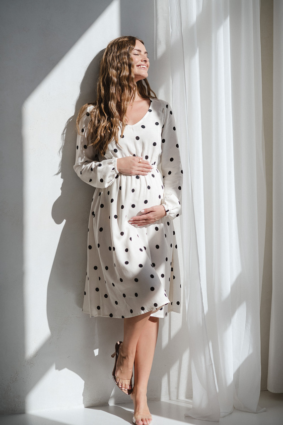 Krásne šaty Midi Milk&Love krémové materské a dojčiace šaty z hráškového plátna, elegantný strih so zipsami na dojčenie