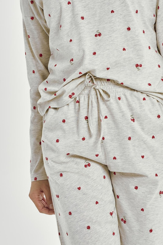 Adele 3430 Taro dámske pyžamo sivé s dlhým rukávom bavlnené s motívom čerešne