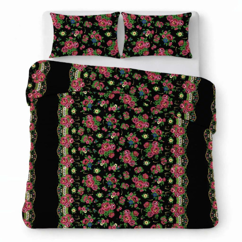 Bavlnené krepové posteľné obliečky komplet priedušné bez žehlenia black with colorful flowers