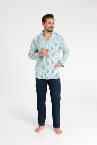 Pánske bavlnené pyžamo Regina 486 zelené - dlhý rukáv, zapínanie na gombíky, klasický strih