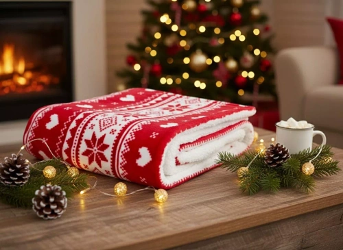 Vianočná deka SACO červená - mäkká a teplá s nórskym vzorom snehových vločiek v ozdobnom vrecku