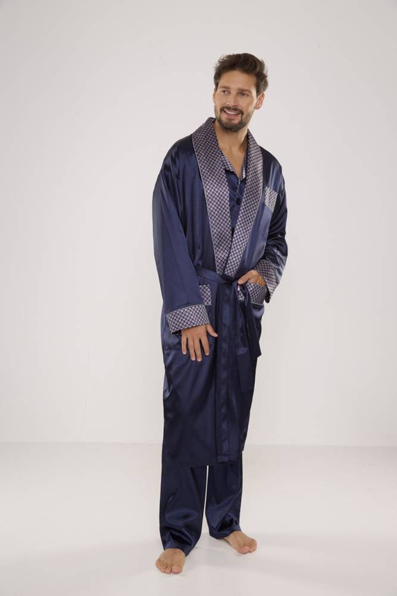 939 Pánske saténové pyžamo - tmavomodré
