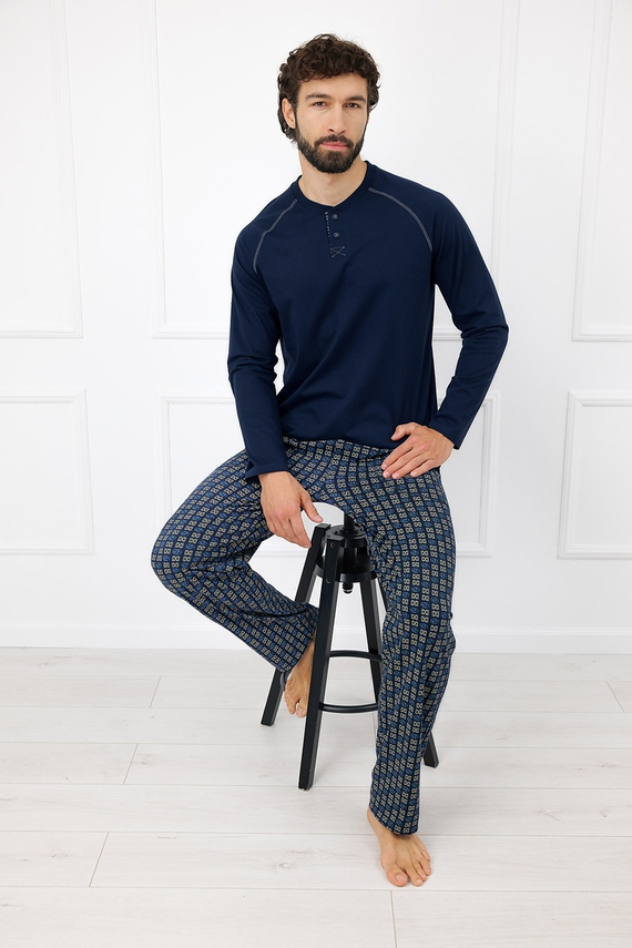 Pižama pánska Rufin Italian Fashion bavlnená s dlhým rukávom, nohavice, tmavomodrá