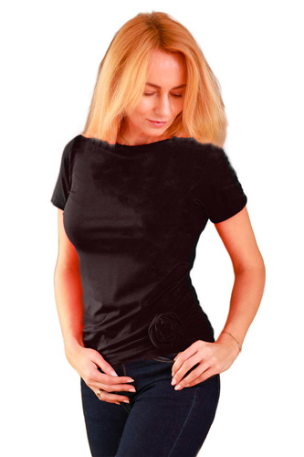 Dámska blúzka Lily Mirale z viskózy - krátky rukáv, ozdobná ruža - čierna