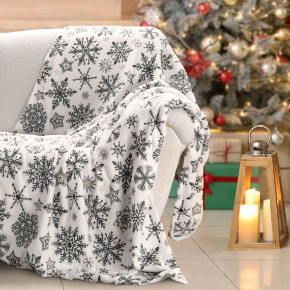 Eurofirany Vianočná prikrývka biela námornícka modrá snehové vločky - mäkký prehoz z mikrovlákna, 240 g/m²
