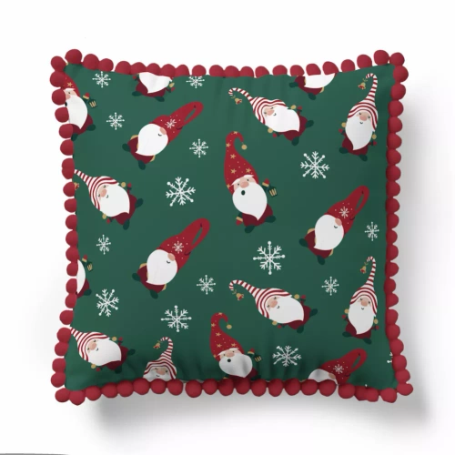 5383 Vianočná dekoratívna obliečka na vankúš Christmas Deco Detexpol škriatkovia a snehové vločky na zelenom pozadí - zips