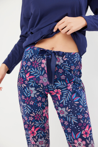 Folk Dámske pyžamo s dlhým rukávom, dlhé nohavice Talianska móda - tmavomodrá/potlač