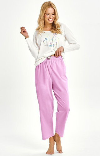 3459 Monica Dámske pyžamo Taro cream - 100% bavlna, dlhý rukáv, kvetinová potlač