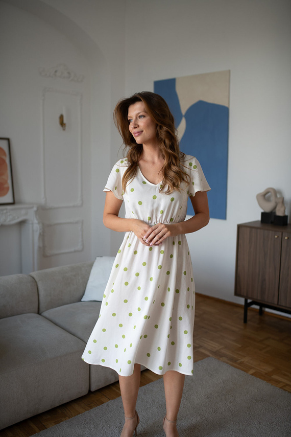 Lovely Dress Midi Milk&Love tehotenské a dojčiace šaty z ľanu pistáciové bodky